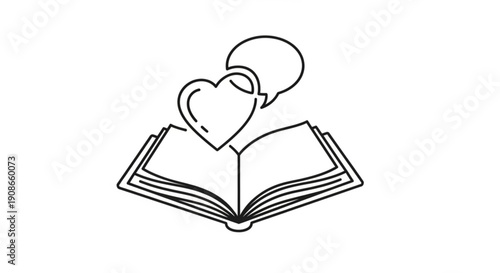 Open book with heart speech bubble symbolizing love and knowledge