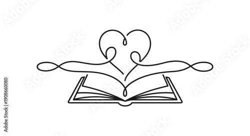 Continuous line drawing of open book with heart emerging from pages