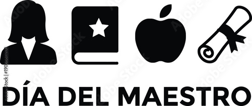 Día del Maestro Spanish teacher appreciation design with icons of educator profile, book, apple and diploma scroll, academic celebration concept for posters, cards, banners and ads.