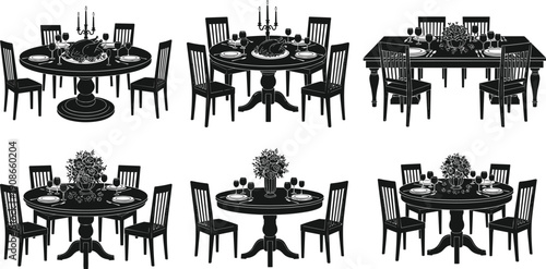Dining table silhouette collection with chairs, floral centerpiece, candles, wine glasses, roasted turkey decoration, interior design concept, flat vector illustration