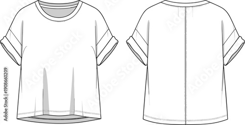 Crop top T-shirt technical flat sketch, short sleeve fashion design, rolled-up sleeve garment illustration, apparel construction drawing, clothing outline template - flat vector illustration