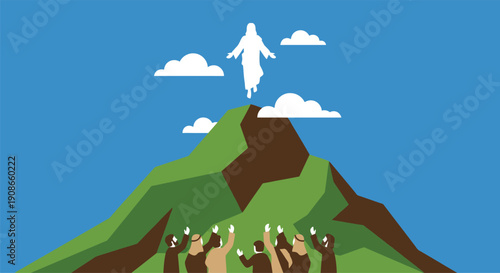 Ascension of Jesus rising above mountain with disciples below, Christian faith scene with clouds and sky, biblical event concept for church celebrations, worship posters and ministry graphics.