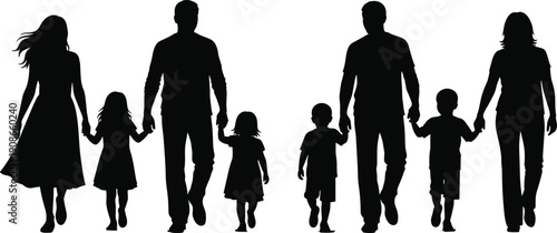 Family silhouette illustration with parents and children holding hands, unity togetherness concept, walking group design, flat vector illustration