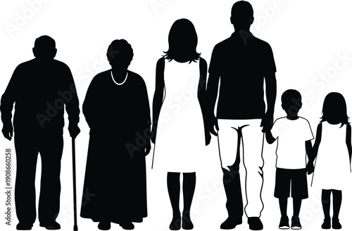 Generational life stage silhouette set showing elderly, adults, children progression, family structure diversity concept, demographic illustration, flat vector illustration