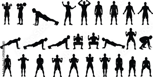 Fitness exercise silhouette set with weightlifting, push‑ups, squats, flexing muscles, diverse workout poses, strength training concept, flat vector illustration