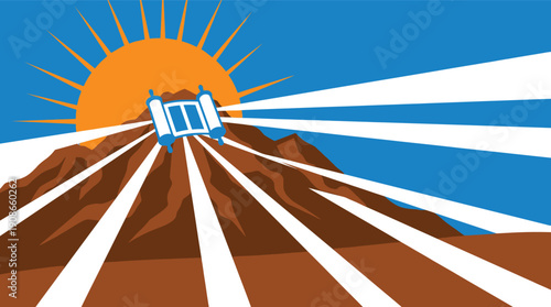 Ten Commandments tablets on Mount Sinai with sunrise and radiant beams over desert mountains, biblical revelation symbol for Jewish and Christian faith, posters, events and branding.