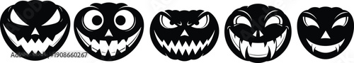 Halloween jack‑o’‑lantern face silhouette set with spooky expressions, mischievous pumpkin designs, decorative holiday concept, flat vector illustration