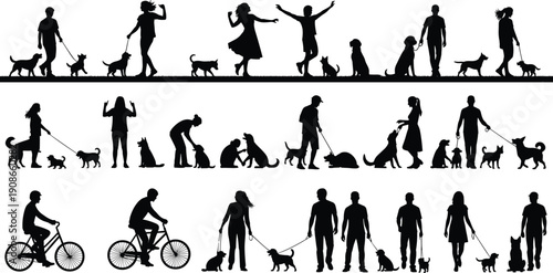 Human and dog silhouette set showing walking, training, petting, biking, companionship activities, diverse pet interaction concept, flat vector illustration