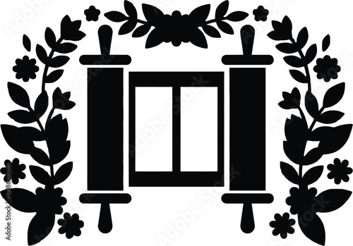Jewish Torah scrolls with open parchment framed by floral wreath ornament, traditional Judaica emblem for synagogue decor, Shavuot themes, heritage branding, invitations and posters.