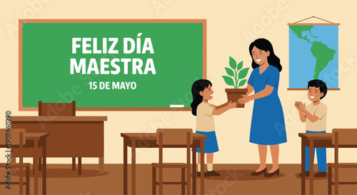 Feliz Día del Maestro classroom scene with teacher receiving flowers from student, children at desks, school celebration on 15 de mayo, appreciation concept for posters, cards and ads.