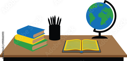 Classroom study desk scene with stacked books, pencil holder, open notebook and world globe, school learning concept for teacher appreciation, tutoring, lessons, library and study habits.