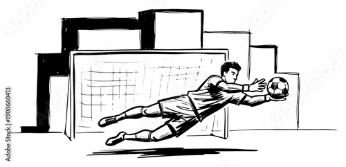 Goalkeeper Diving Save In Front Of Urban Goal Hand Drawn Black and White Vector Illustration