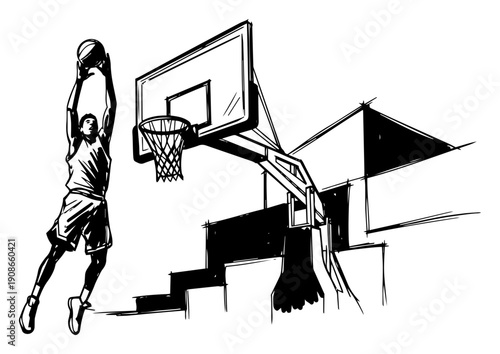 Basketball player performing slam dunk at outdoor hoop hand drawn line art vector illustration
