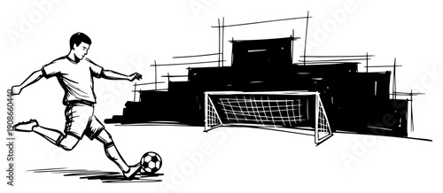 Soccer Player Power Shot Toward Goal On City Pitch Hand Drawn Black and White Vector Illustration