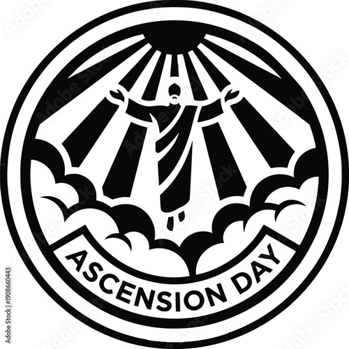 Ascension Day Christian emblem badge with radiant sunburst, clouds and cross in circular seal style, religious holiday church symbol for worship events, posters, labels and branding.
