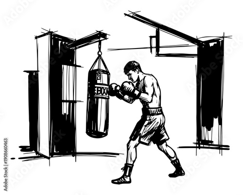 Boxer Training with Heavy Punching Bag in Gym Black and White Vector Illustration