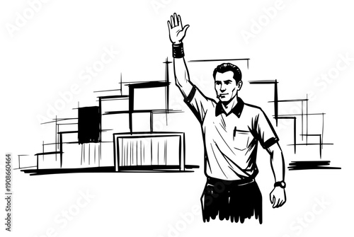 Soccer Referee Signaling Decision on Field Black and White Vector Illustration