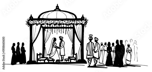 Traditional Indian Wedding Ceremony under Floral Mandap with Guests Black and White Vector Illustration