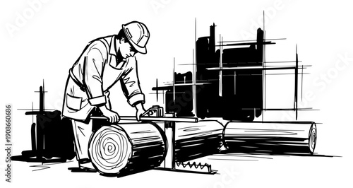 Lumberjack Cutting Logs with Chainsaw at Sawmill Hand Drawn Black and White Vector Illustration