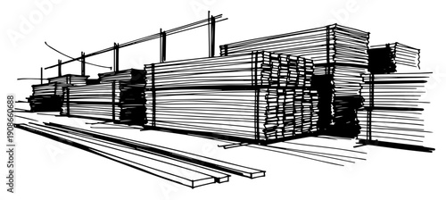 Stacked Lumber Planks at Timber Yard Hand Drawn Black and White Vector Illustration