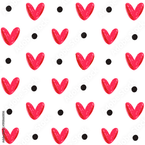 Seamless pattern doodle pink hearts on white background, cute vector girly background.
