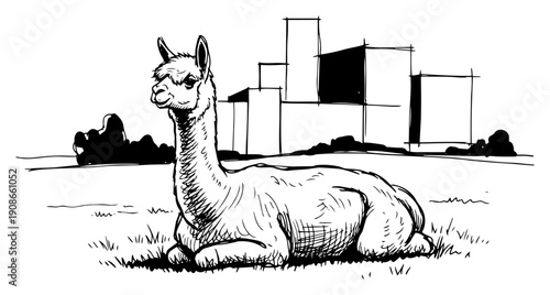 Llama Resting On Pasture Near Buildings Hand Drawn Black and White Vector Illustration