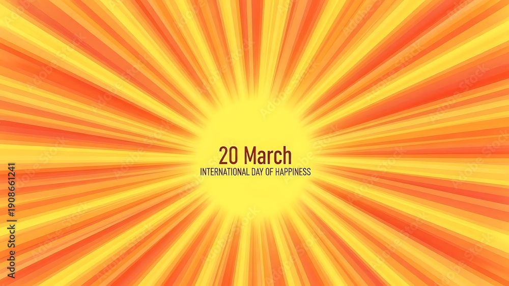 Obraz premium Vibrant illustration celebrating international day of happiness on march 20 with bright yellow and orange rays radiating from the center