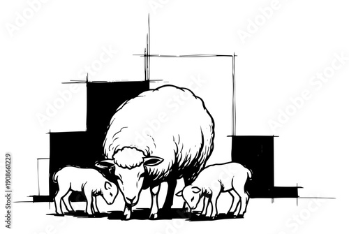 Ewe with lambs grazing farm scene hand drawn line art vector illustration