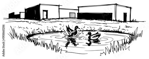 Ducks Splashing In Farm Pond Near Barns Hand Drawn Black and White Vector Illustration