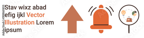 Alerts, e-commerce, growth, notifications, shopping, search. A notification bell, upward arrow and magnifying glass over shopping icons. Alerts and e-commerce