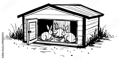Rabbits In Wooden Hutch Backyard Farm Hand Drawn Black and White Vector Illustration