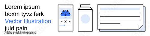 Digital media, healthcare, documentation, organization, consumer products, modern life. Phone with a music app, medicine bottle and paper files illustrated. Digital media and healthcare concept