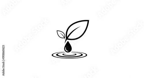 Simple black and white illustration of a sprouting seed with leaves.