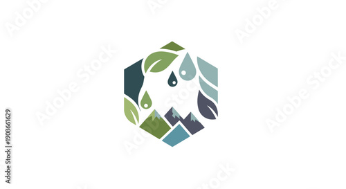 Stylized green leaf logo with water droplet in a hexagon shape.