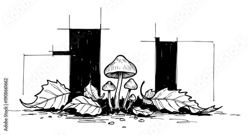 Wild Mushrooms Growing Among Fallen Leaves Forest Floor Black and White Vector Illustration
