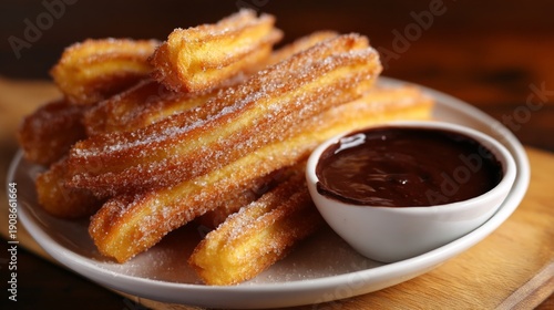Crispy sugar coated churros with rich chocolate dipping sauce