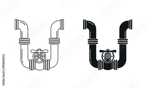 Black and white line drawing of two u shaped pipe valves with handles