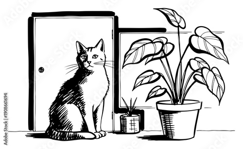 Cat with houseplants indoor scene hand drawn line art vector illustration