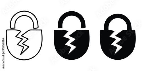 Broken padlock icon set representing data breach security failure and vulnerable lock system in different styles