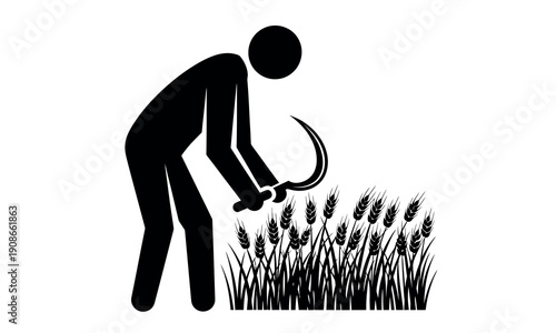A black silhouette of a person using a sickle to cut grass or wheat