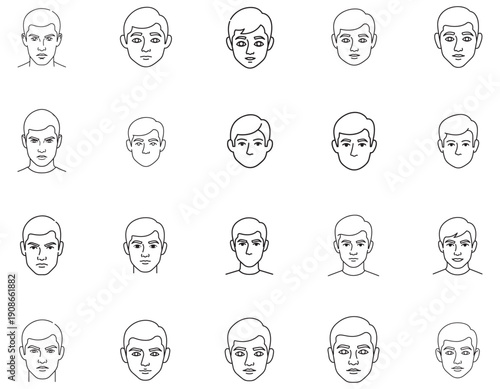 Collection of diverse male facial illustrations in a grid layout
