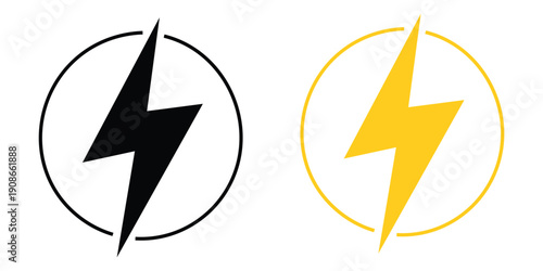 Lightning bolt icon in a circle in black and yellow colors isolated on transparent background