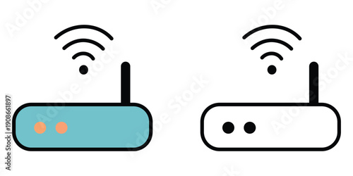 Wireless router icon with Wi-Fi signal in outline and flat design style isolated on transparent background