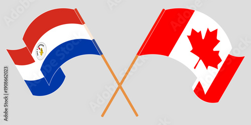 Crossed and waving flags of Republic of Paraguay and Canada. Vector illustration