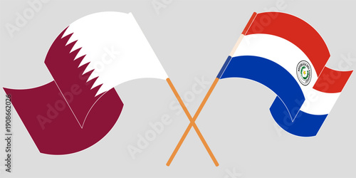 Crossed and waving flags of Qatar and Republic of Paraguay. Vector illustration