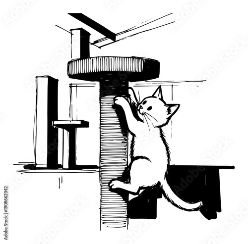 Kitten Climbing Scratching Post In Cat Tree Hand Drawn Black and White Vector Illustration