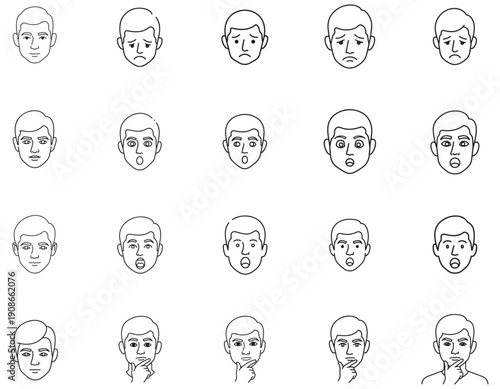 Collection of simplified cartoon faces showing various human emotions and expressions