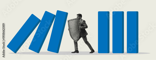 Halftone business person using a shield to stop falling dominos symbolising protection stability and risk prevention