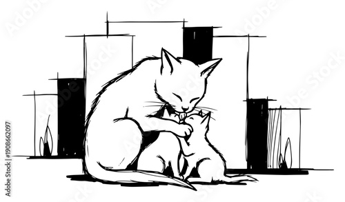 Mother cat grooming kitten affectionate lick cuddle hand drawn line art vector illustration