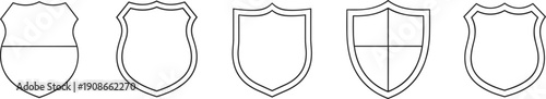 Shield icon set illustration with different designs, heraldic symbol variations, graphic comparison artwork, modern vector classification of protective emblems